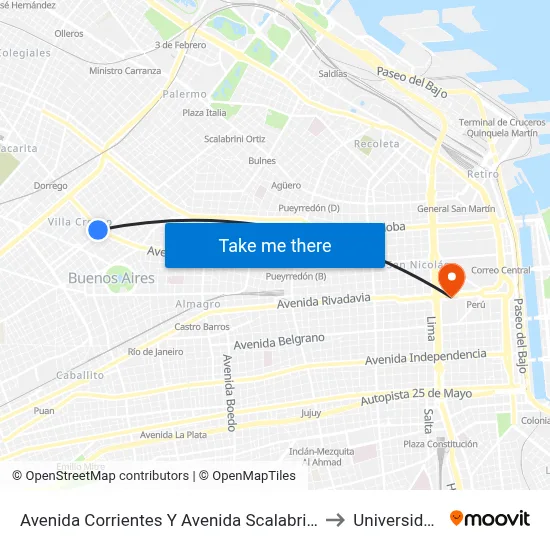 Avenida Corrientes Y Avenida Scalabrini Ortiz (19 - 65 - 71 - 76) to Universidad Caece map