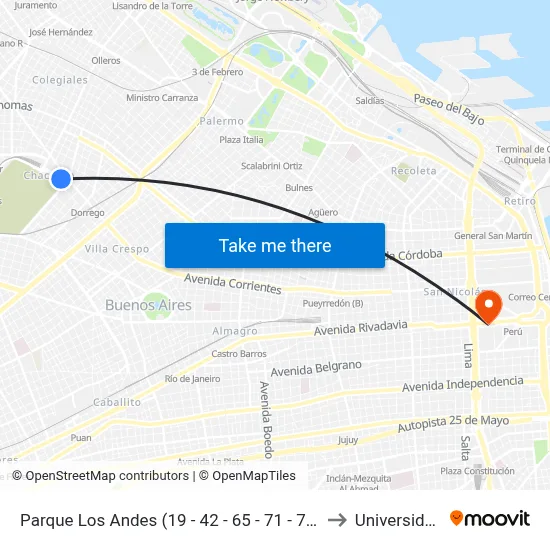 Parque Los Andes (19 - 42 - 65 - 71 - 76 - 78 - 87 - 93 - 108 - 127) to Universidad Caece map