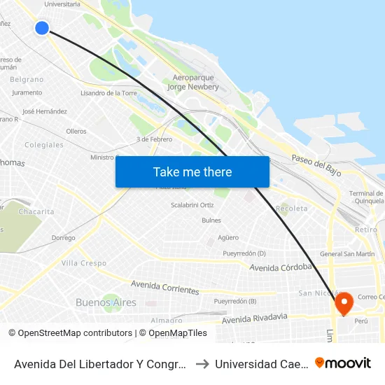 Avenida Del Libertador Y Congreso to Universidad Caece map