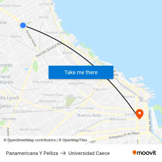 Panamericana Y Pelliza to Universidad Caece map