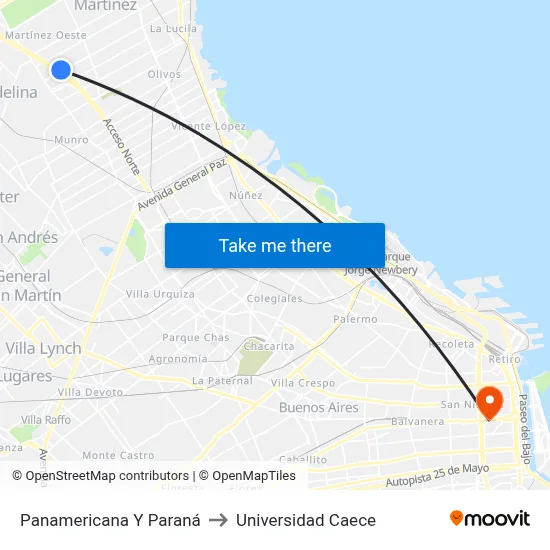 Panamericana Y Paraná to Universidad Caece map