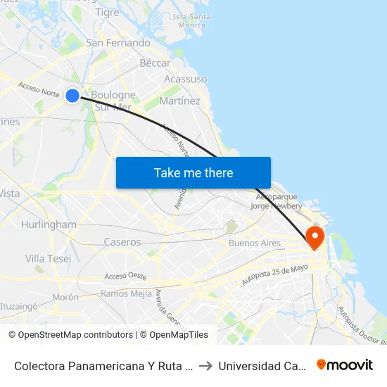 Colectora Panamericana Y Ruta 202 to Universidad Caece map