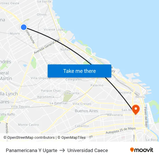 Panamericana Y Ugarte to Universidad Caece map