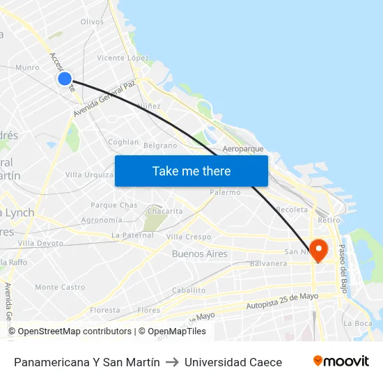Panamericana Y San Martín to Universidad Caece map