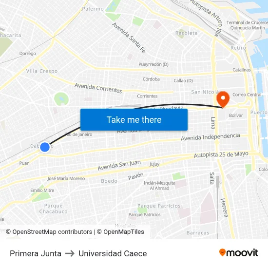 Primera Junta to Universidad Caece map