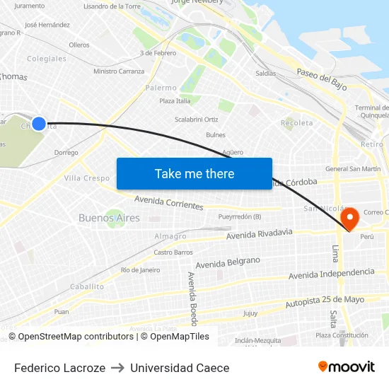 Federico Lacroze to Universidad Caece map