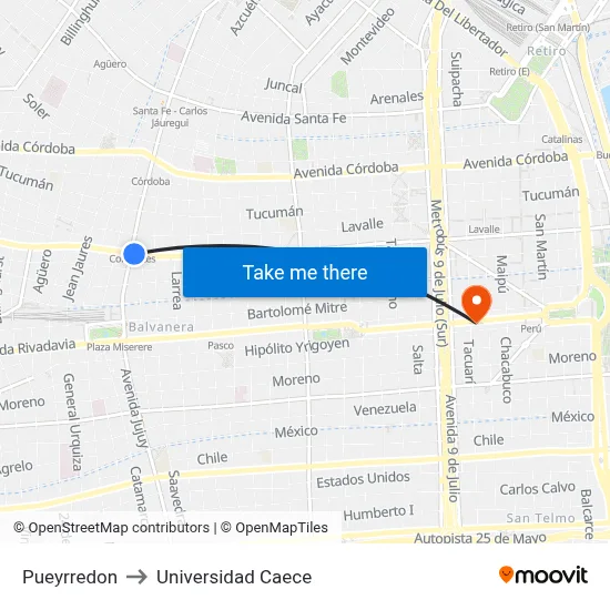Pueyrredon to Universidad Caece map