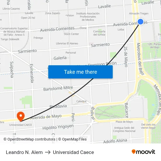 Leandro N. Alem to Universidad Caece map