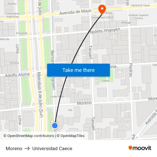 Moreno to Universidad Caece map