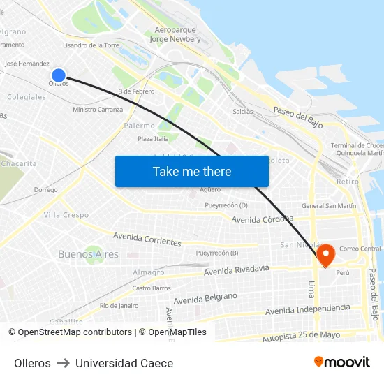 Olleros to Universidad Caece map