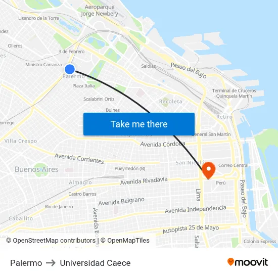 Palermo to Universidad Caece map