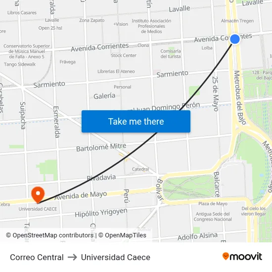 Correo Central to Universidad Caece map