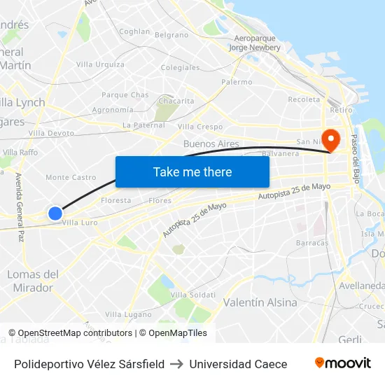 Polideportivo Vélez Sársfield to Universidad Caece map