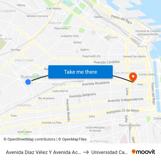 Avenida Díaz Vélez Y Avenida Acoyte to Universidad Caece map