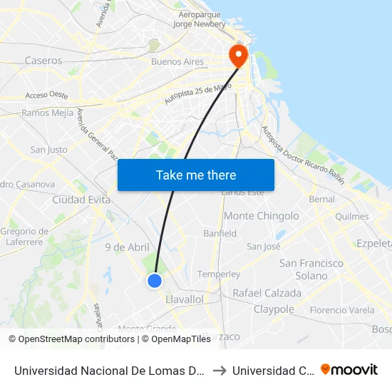Universidad Nacional De Lomas De Zamora to Universidad Caece map
