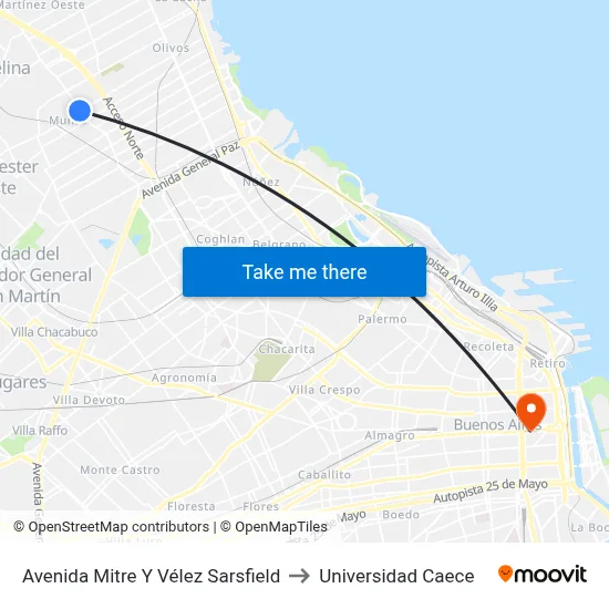 Avenida Mitre Y Vélez Sarsfield to Universidad Caece map