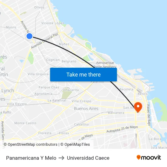 Panamericana Y Melo to Universidad Caece map