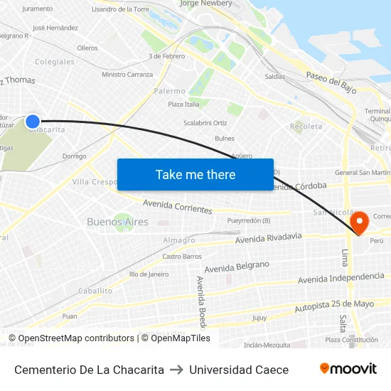 Cementerio De La Chacarita to Universidad Caece map