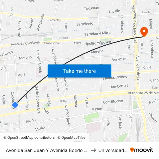 Avenida San Juan Y Avenida Boedo (126 - 127 - 180) to Universidad Caece map