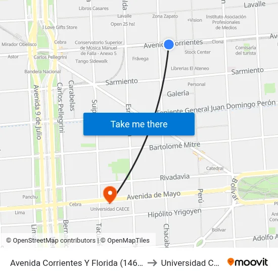 Avenida Corrientes Y Florida (146 - 180) to Universidad Caece map