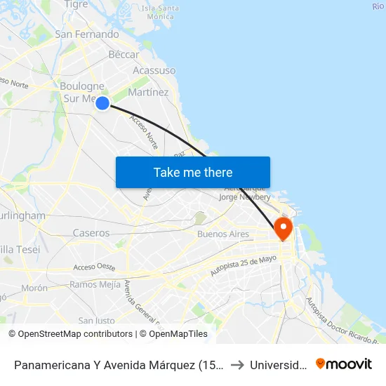 Panamericana Y Avenida Márquez (15 - 60 - 203 - 365 - 430 - 707) to Universidad Caece map