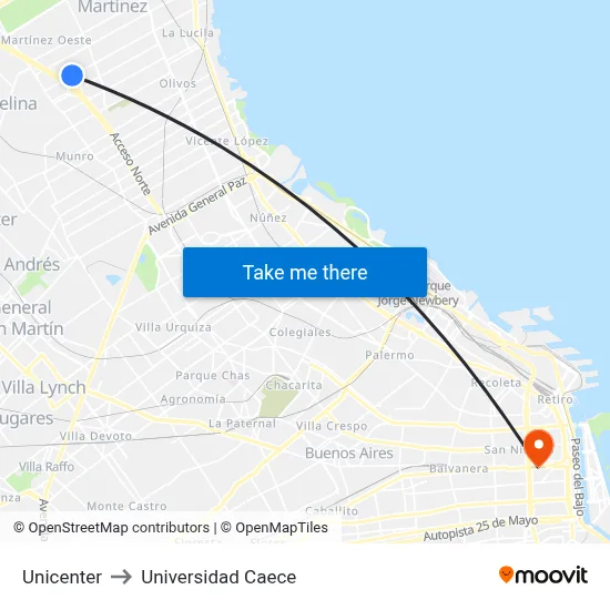 Unicenter to Universidad Caece map