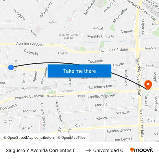 Salguero Y Avenida Corrientes (128 - 151) to Universidad Caece map