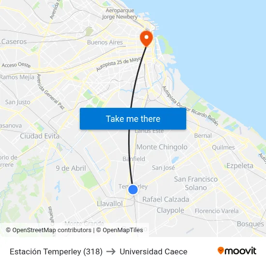 Estación Temperley (318) to Universidad Caece map