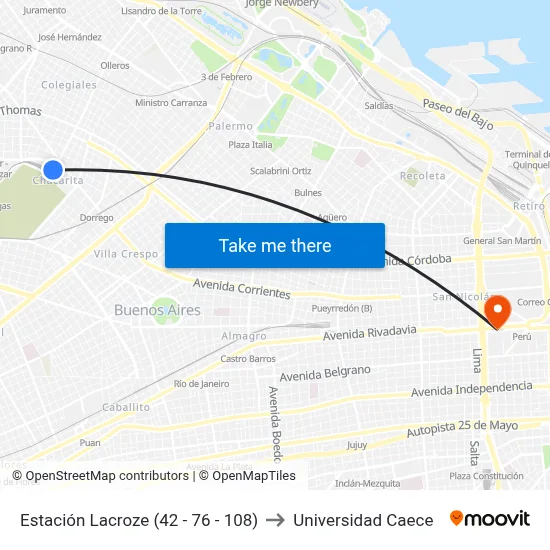 Estación Lacroze (42 - 76 - 108) to Universidad Caece map