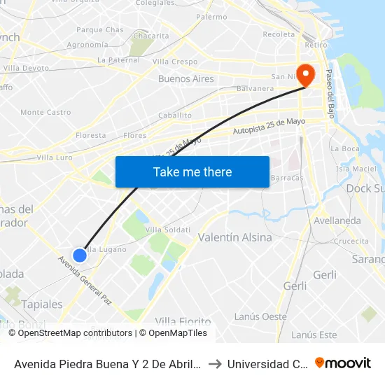 Avenida Piedra Buena Y 2 De Abril De 1982 to Universidad Caece map