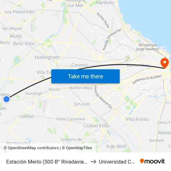 Estación Merlo (500 B° Rivadavia - 504) to Universidad Caece map