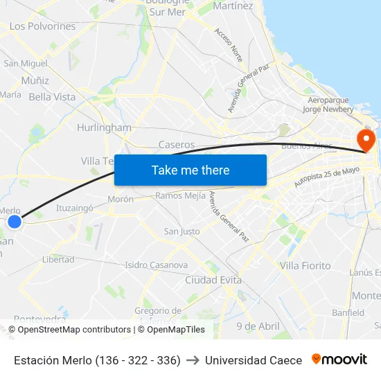 Estación Merlo (136 - 322 - 336) to Universidad Caece map