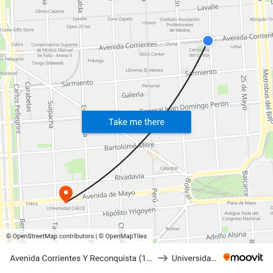 Avenida Corrientes Y Reconquista (109 - 140 - 146 - 180) to Universidad Caece map