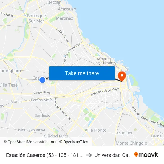 Estación Caseros (53 - 105 - 181 - 237) to Universidad Caece map