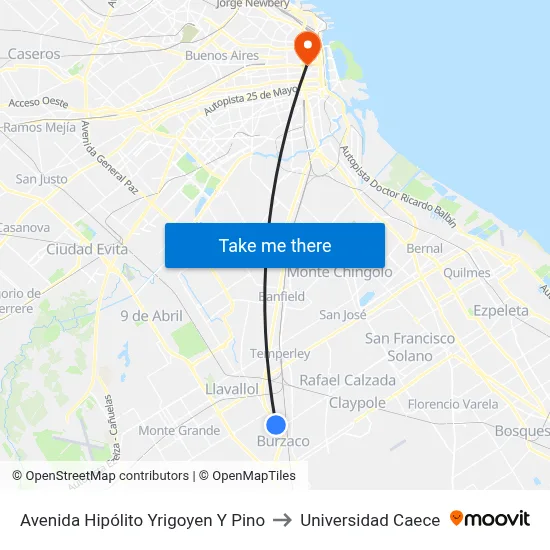 Avenida Hipólito Yrigoyen Y Pino to Universidad Caece map