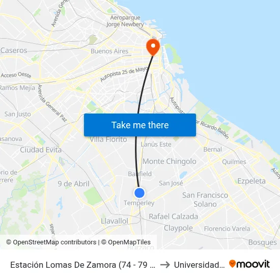 Estación Lomas De Zamora (74 - 79 - 160 - 278 - 323) to Universidad Caece map