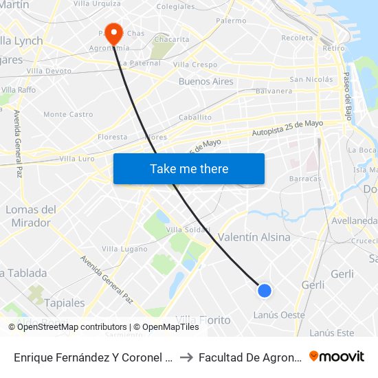 Enrique Fernández Y Coronel De Elía to Facultad De Agronomía map