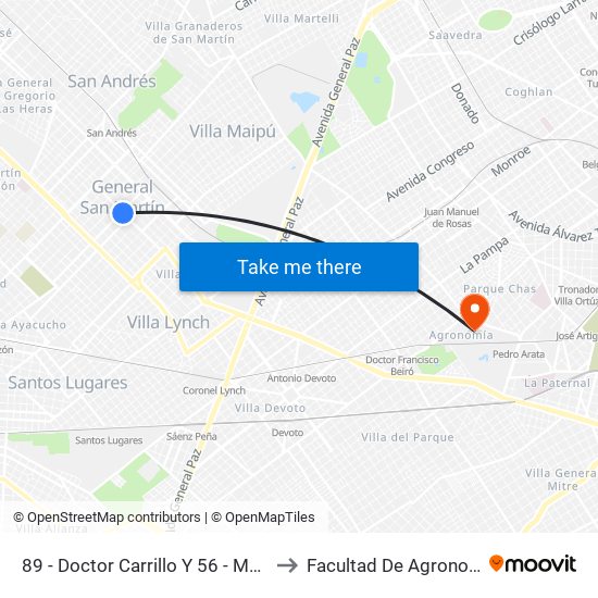 89 - Doctor Carrillo Y 56 - Matheu to Facultad De Agronomía map