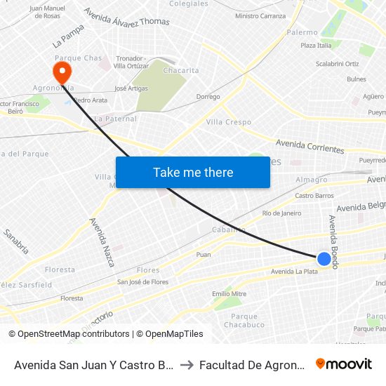 Avenida San Juan Y Castro Barros to Facultad De Agronomía map