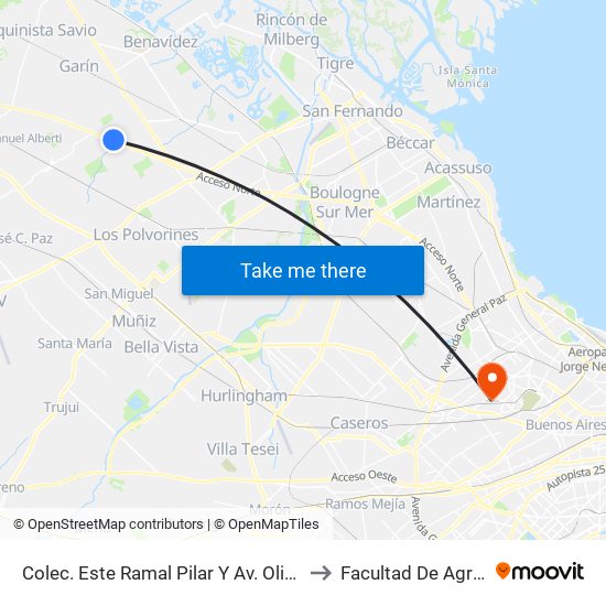 Colec. Este Ramal Pilar Y Av. Olivos - Car One to Facultad De Agronomía map