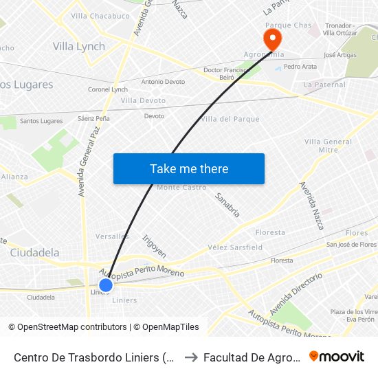Centro De Trasbordo Liniers (80 - 117) to Facultad De Agronomía map