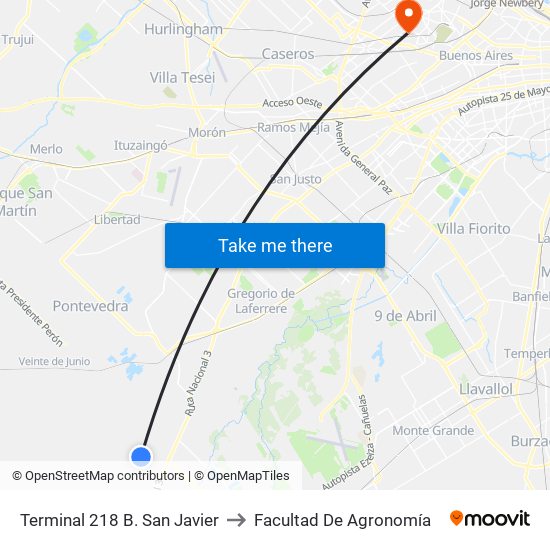 Terminal 218 B. San Javier to Facultad De Agronomía map