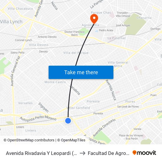 Avenida Rivadavia Y Leopardi (88 - 182) to Facultad De Agronomía map