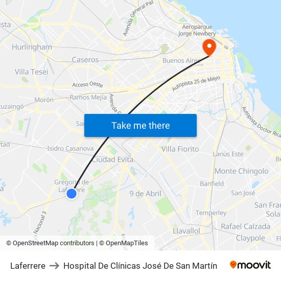 Laferrere to Hospital De Clínicas José De San Martín map