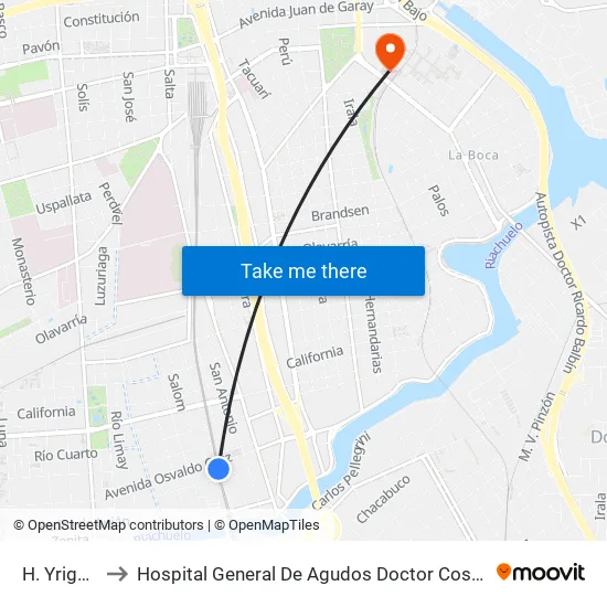 H. Yrigoyen to Hospital General De Agudos Doctor Cosme Argerich map