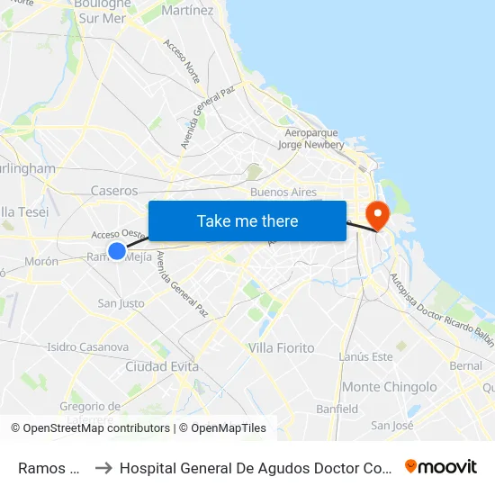 Ramos Mejía to Hospital General De Agudos Doctor Cosme Argerich map