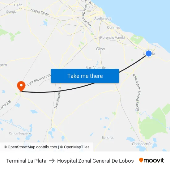 Terminal La Plata to Hospital Zonal General De Lobos map