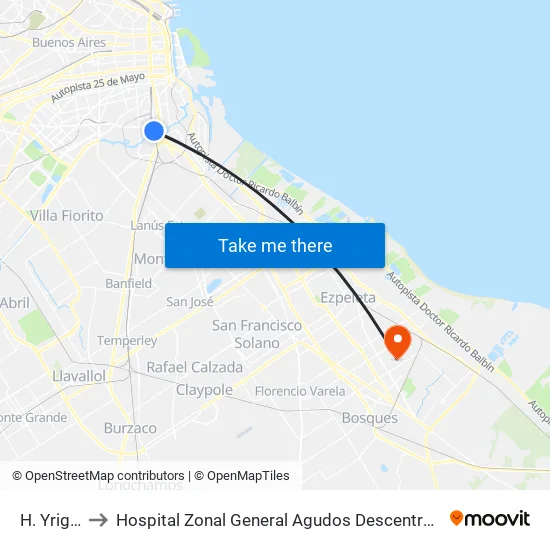 H. Yrigoyen to Hospital Zonal General Agudos Descentralizado Evita Pueblo map