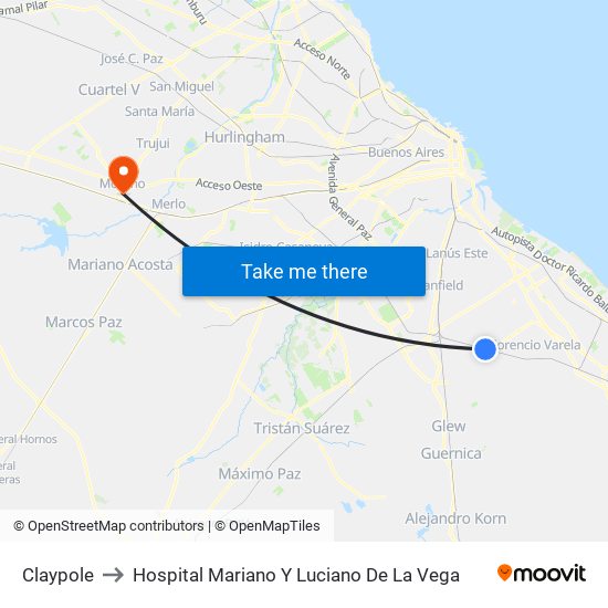 Claypole to Hospital Mariano Y Luciano De La Vega map