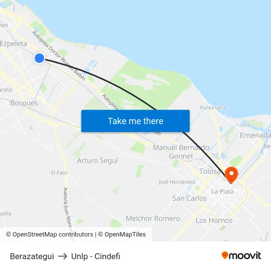 Berazategui to Unlp - Cindefi map